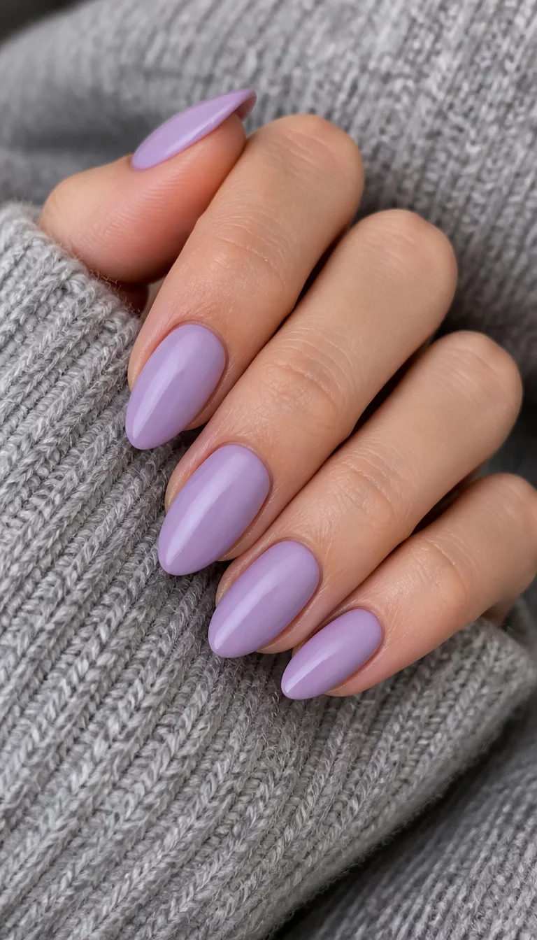 Cozy Lavender Almond Manicure close-up shot of a woman’s hand with five fingers showing nails with almond-shaped nails painted in a uniform, soft lavender shade, hands resting on a textured grey sweater.