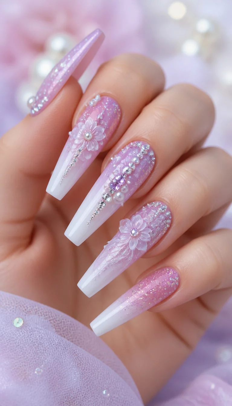 Dreamy 3D Floral Ombre close-up shot of a woman’s hand with five fingers showing nails with extra-long, coffin-shaped nails featuring a pastel purple and white ombré with glitter, pearls, rhinestones, and 3D floral designs, soft dreamlike background.