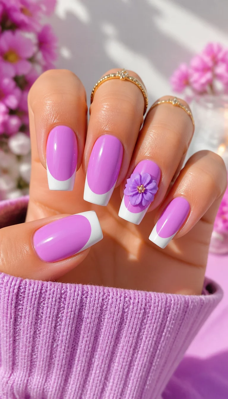 Elegance with 3D Lavender Flowers close-up shot of a woman’s hand with five fingers showing nails with bright purple and white French-tip nails embellished with a 3D purple flower on one nail, bright aesthetic background.