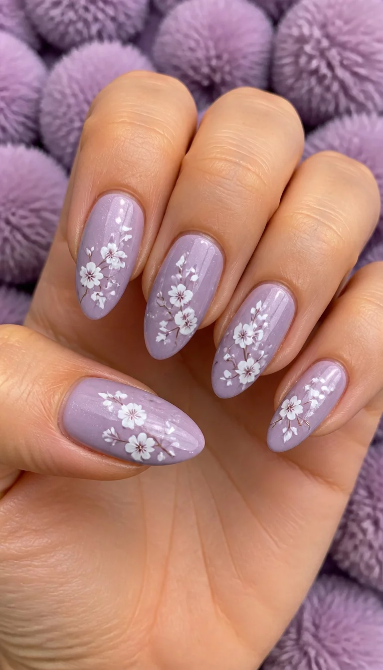 Lavender Bliss With Floral Branches close-up shot of a woman’s hand with five fingers showing nails with almond-shaped nails featuring a soft lavender base and delicate white floral branch designs, background of soft fluffy purple pom-poms.