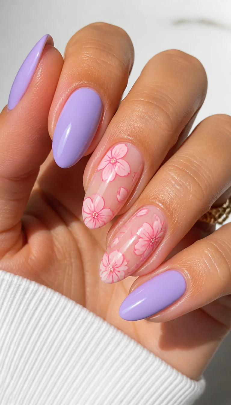 Pastel Mix And Pink Outlines close-up shot of a woman’s hand with five fingers showing nails with almond-shaped nails showcasing a mix of solid lavender and a nude base with pale pink floral designs and darker pink outlines, bright lighting.