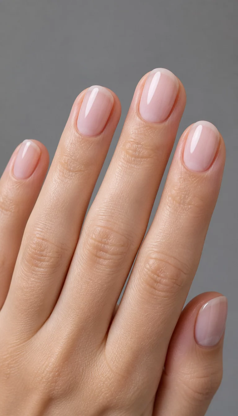Sheer Milky Pink Simplicity close-up shot of a woman’s hand with five fingers showing nails with short, oval nails displaying a sheer, milky pink polish, neutral grey background.