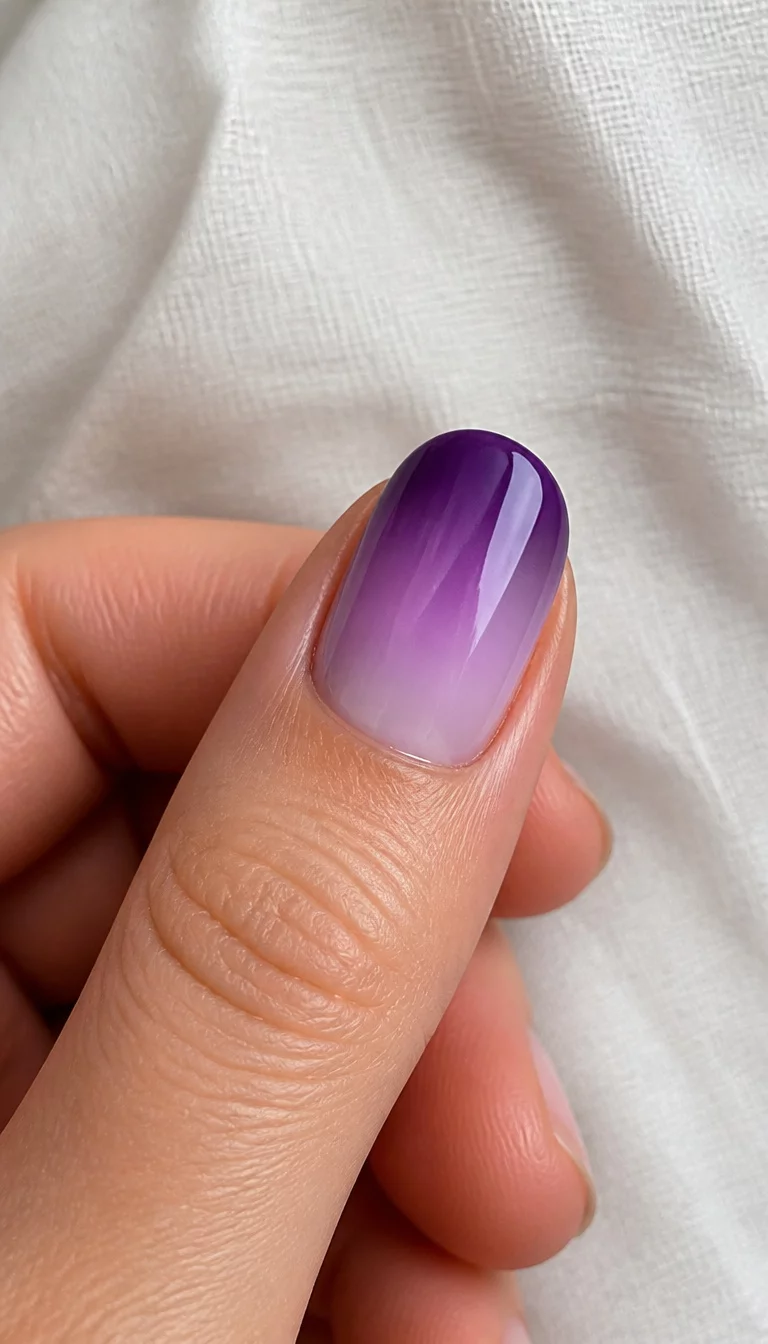 Translucent Violet Ombre Thumb close-up shot of a woman’s hand with the thumb showing a nail with a purple and white gradient transitioning from deep violet to soft translucent lavender, light textured fabric background.