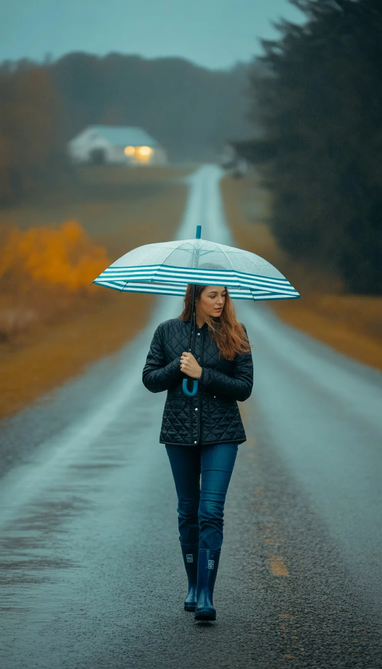 A beautiful 27-year-old woman in a black quilted jacket, blue jeans, and navy rain boots, she holds a clear umbrella with blue stripes while walking on a road.