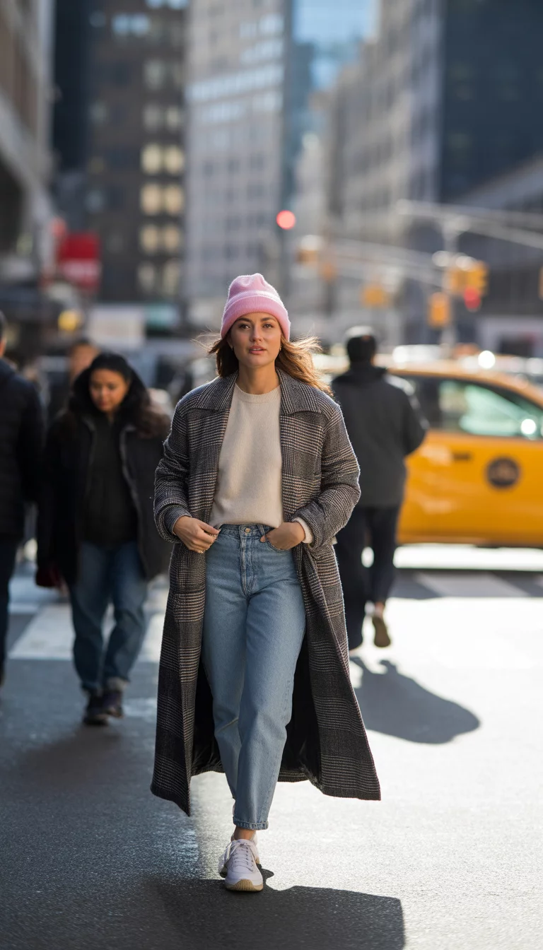 A beautiful 24-year-old woman in a long plaid coat, cream sweater, light wash jeans, and sneakers, she wears a pink beanie while walking down a New York City street.