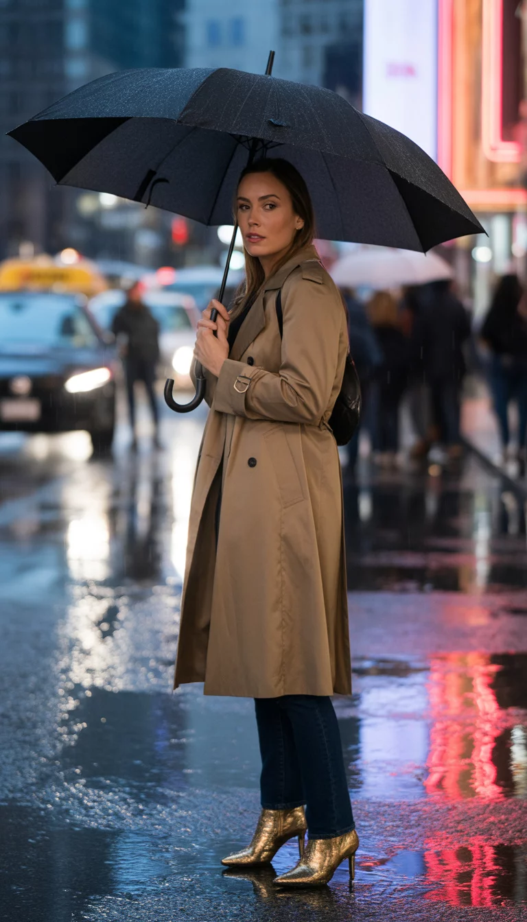 A beautiful 30-year-old woman in a tan trench coat, blue jeans, and gold heeled boots, she stands on a wet city street under a black umbrella.