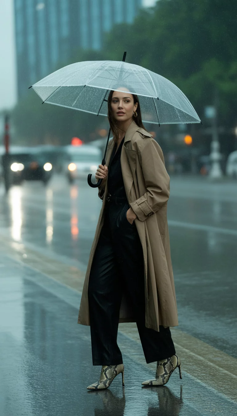 A beautiful 32-year-old woman in a beige trench coat, black jumpsuit, and snake-print heeled boots, she holds a clear umbrella on a rainy day near a building.