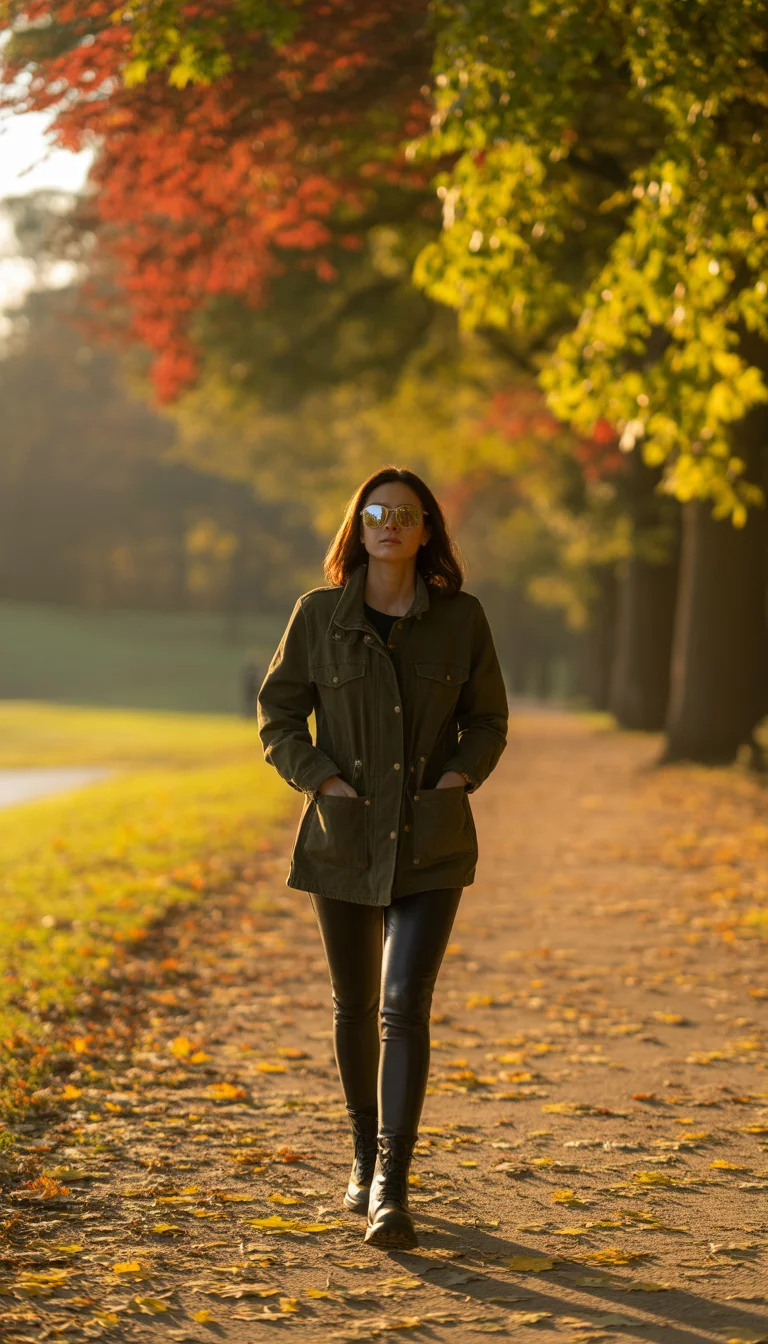 A beautiful 28-year-old woman in a green utility jacket, black leggings, black boots, and sunglasses, she walks down a leaf-covered path in an autumnal park.
