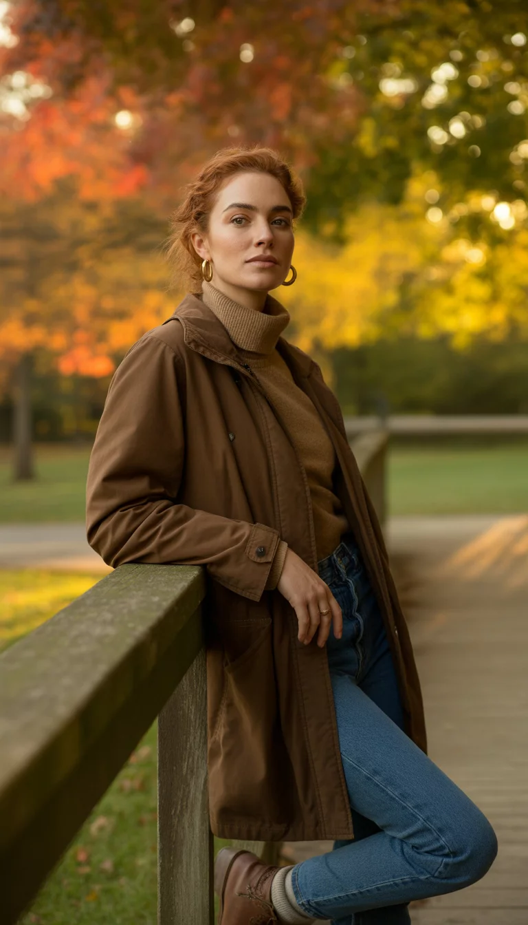 A beautiful 34-year-old woman in a brown parka, tan turtleneck sweater, blue jeans, and brown boots, she stands by a railing in a park with autumn foliage.