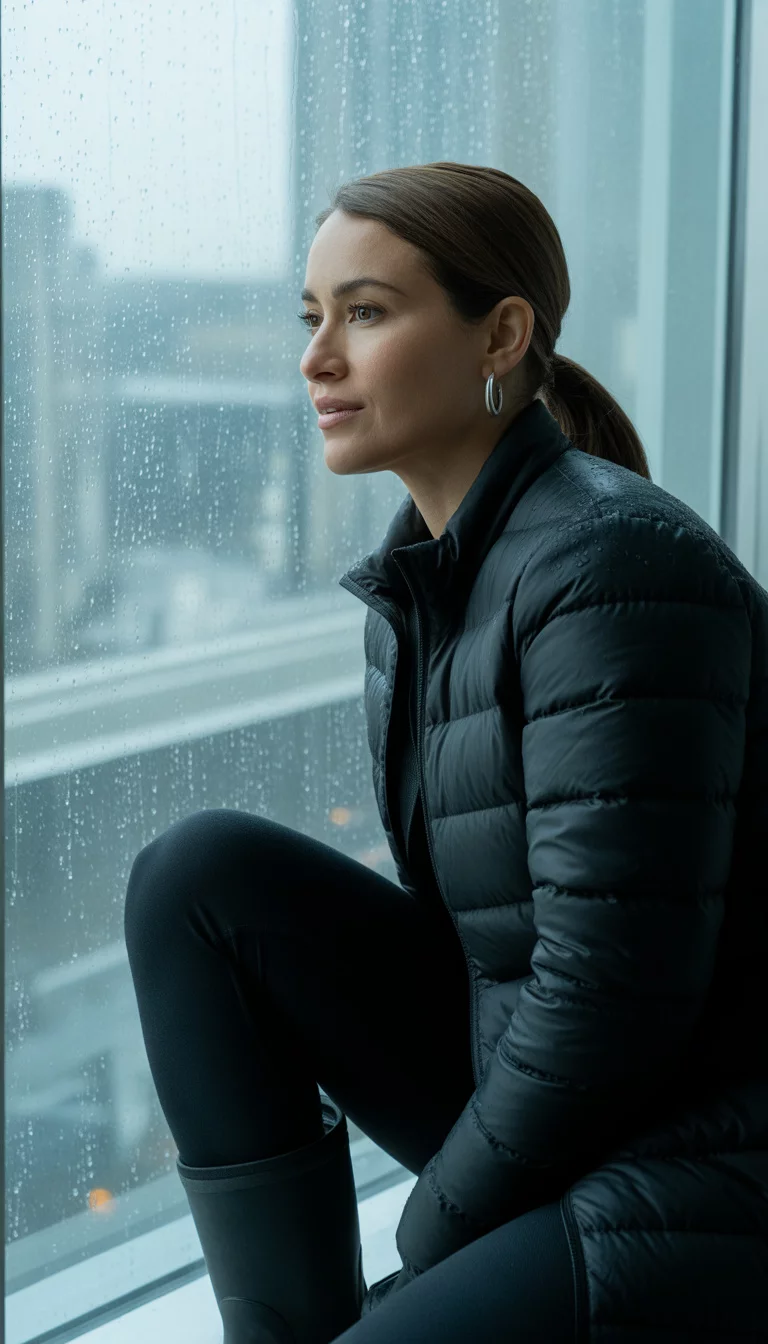 A beautiful 37-year-old woman in a black puffer jacket, black leggings, and waterproof boots, she stands against a rainy window background.