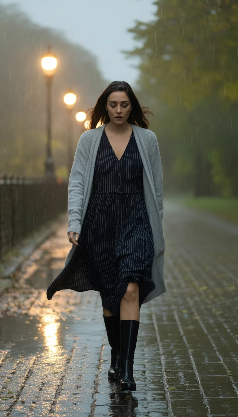 A beautiful 35-year-old woman in a black and white striped dress, gray cardigan, and tall black boots, she walks through a light drizzle.