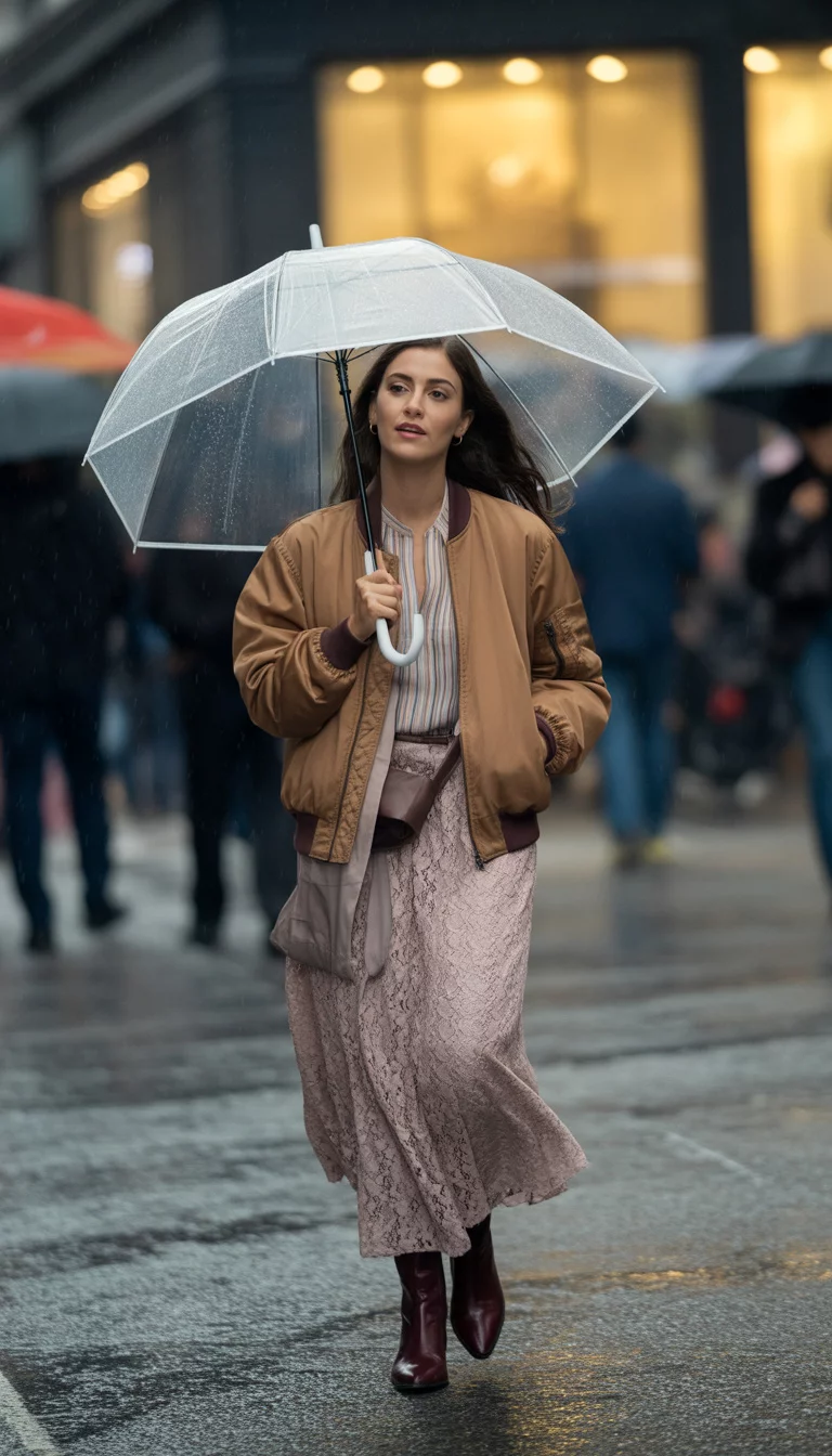 A beautiful 29-year-old woman in a brown bomber jacket, striped blouse, lace skirt, and burgundy boots, she walks with a clear umbrella in a city.