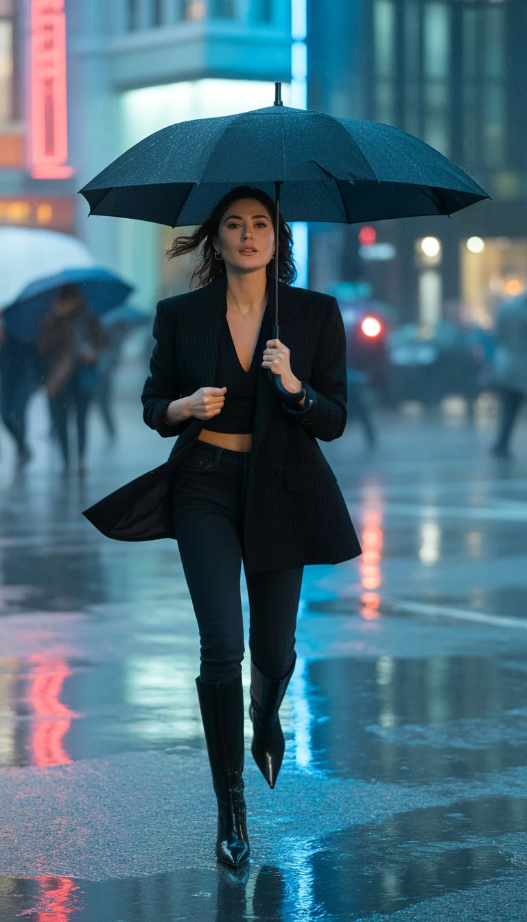 A beautiful 28-year-old woman in a black oversized blazer, black jeans, and black knee-high boots, she holds a black umbrella while running in the rain.