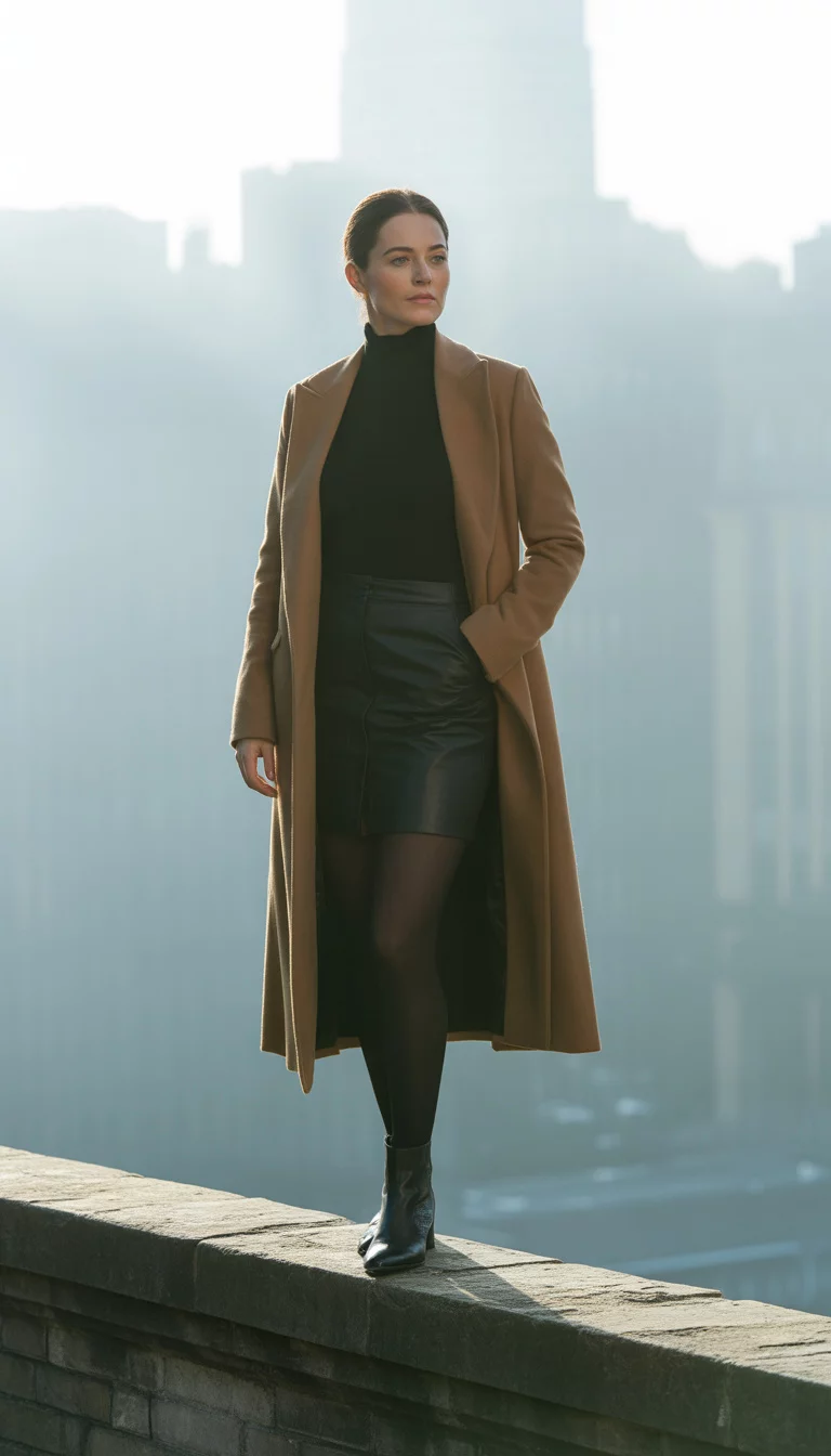 A beautiful 30-year-old woman in a long tan coat, black turtleneck, black mini skirt, black tights, and black boots, she stands on a stone wall.