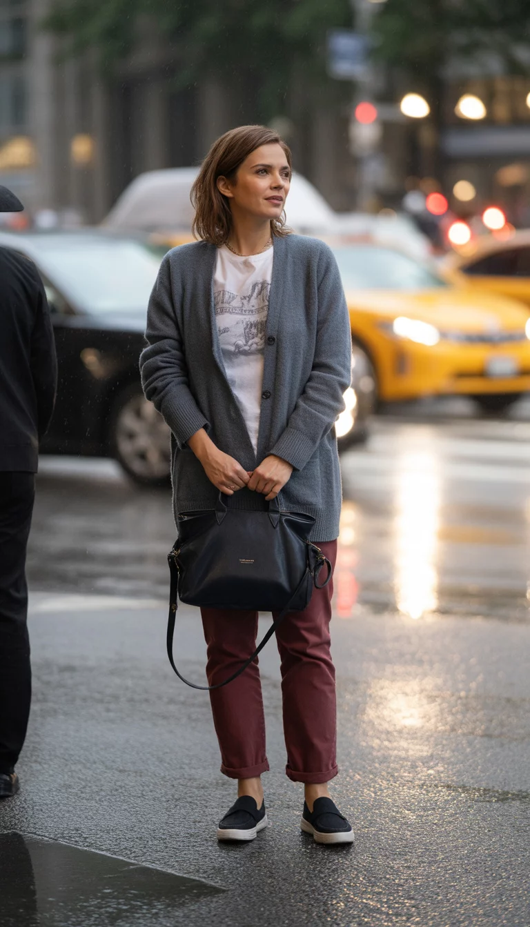A beautiful 31-year-old woman in a gray cardigan, white graphic tee, burgundy pants, and black slip-on shoes, she holds a black handbag on a rainy street.