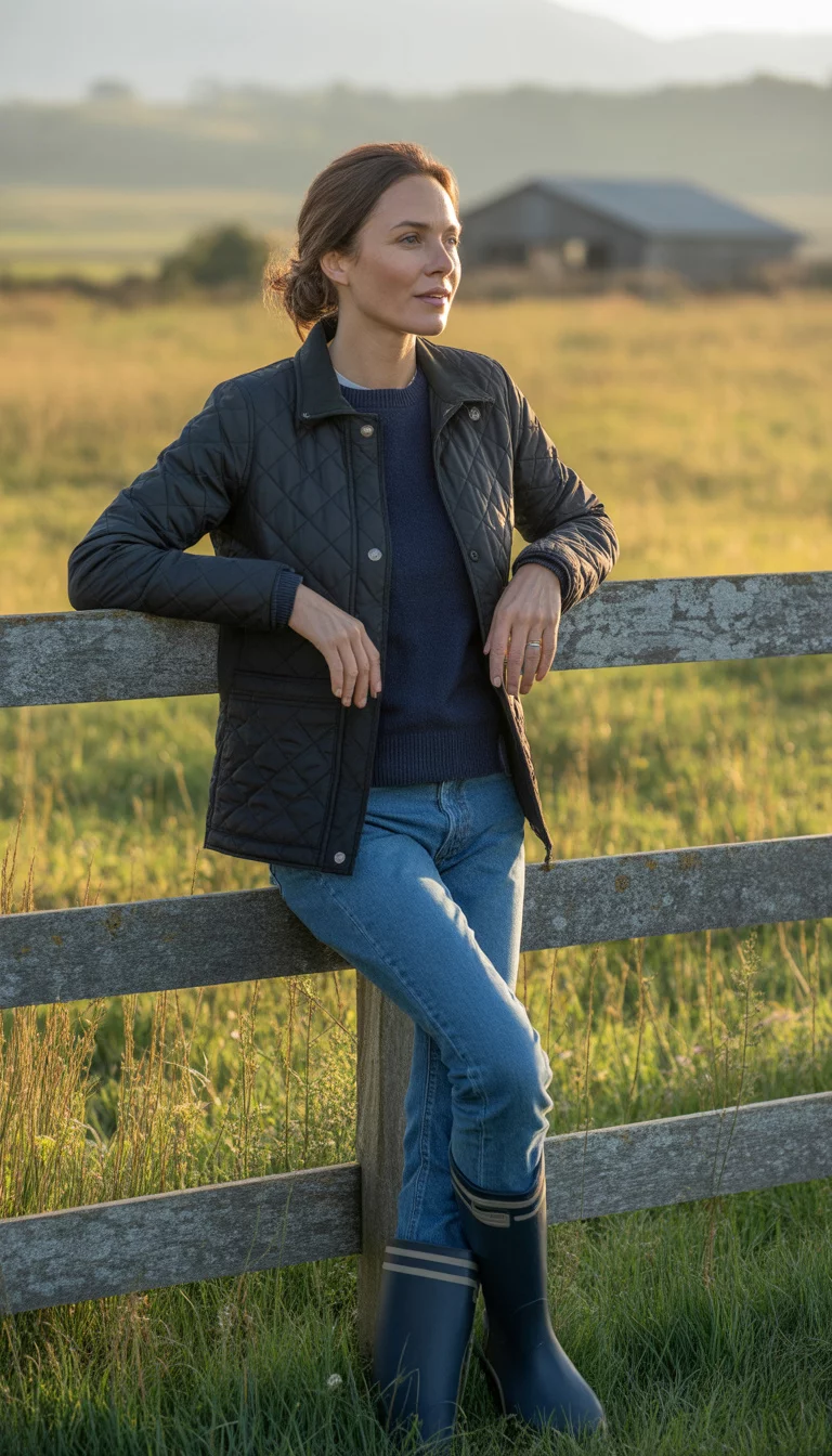 A beautiful 38-year-old woman in a black quilted jacket, navy sweater, blue jeans, and navy rain boots, she leans on a wooden fence in a rustic setting.