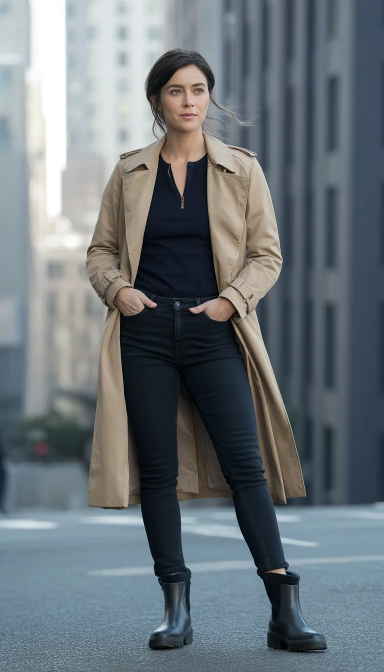 A beautiful 31-year-old woman in a classic beige trench coat, black skinny jeans, and waterproof ankle boots, she stands against an urban city background.