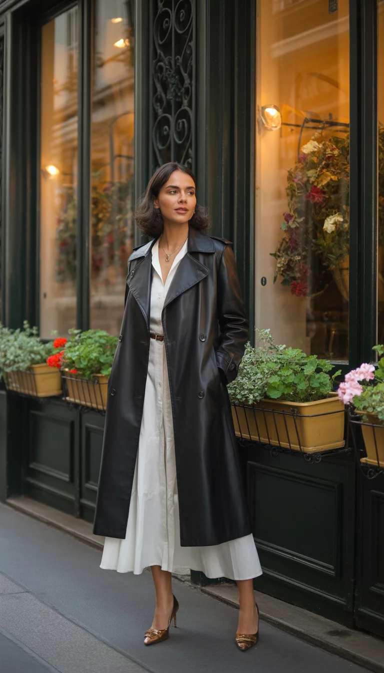 A beautiful 33-year-old woman in a black leather trench coat, white dress, and brown heels, she stands in front of a storefront in Paris.