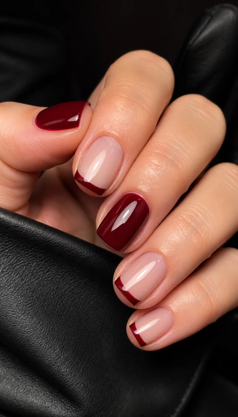 close-up shot of a woman’s hand with five fingers showing short square nails featuring a deep red polish on some and a French manicure with a deep red tip on others, black glove background