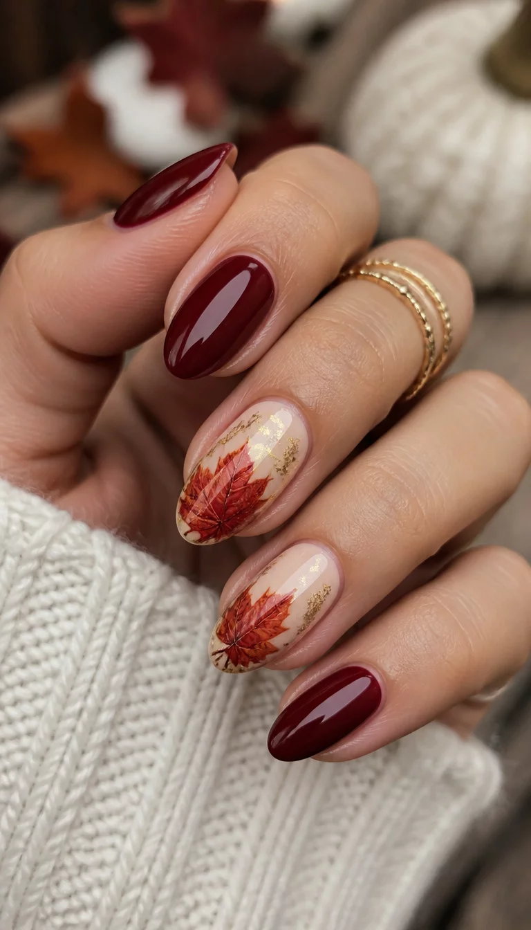 close-up shot of a woman’s hand with five fingers showing oval-shaped nails in a rich deep red with accent nails featuring a realistic fall leaf design and gold foil accents