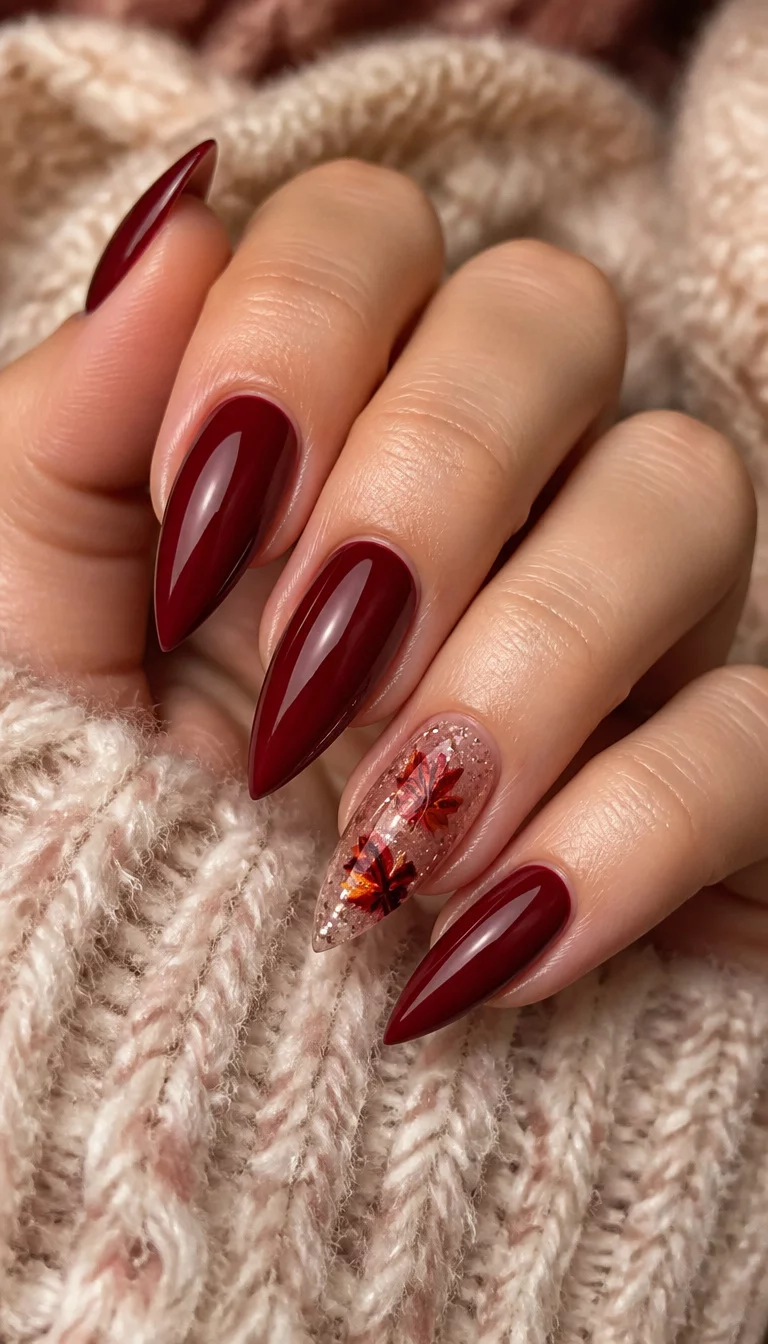 close-up shot of a woman’s hand with five fingers showing pointed stiletto nails in deep red with one nail featuring a clear polish with glitter and fall leaves, fuzzy sweater background