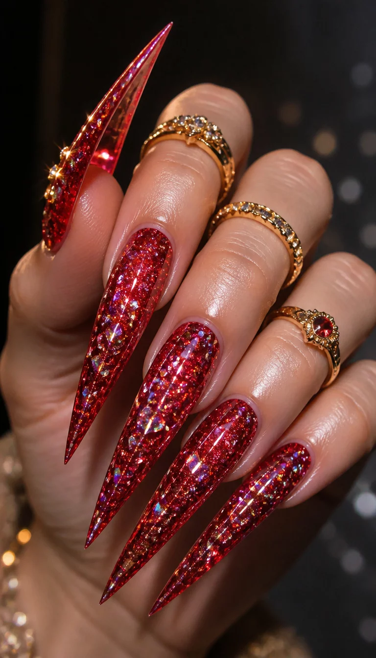 close-up shot of a woman’s hand with five fingers showing extremely long pointed stiletto nails with a dazzling translucent red glitter and holographic effect, gold rings worn