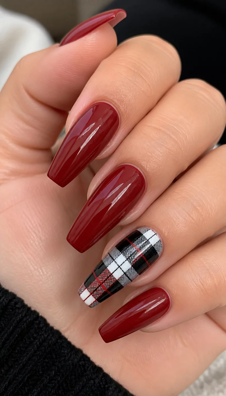 close-up shot of a woman’s hand with five fingers showing long coffin-shaped nails in a deep red with one accent nail featuring a black white and red plaid design