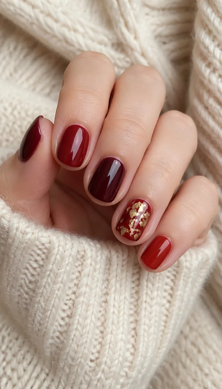 close-up shot of a woman’s hand with five fingers showing short rounded nails in various shades of deep red and burgundy with gold leaf accents on one nail, cream-colored sweater background