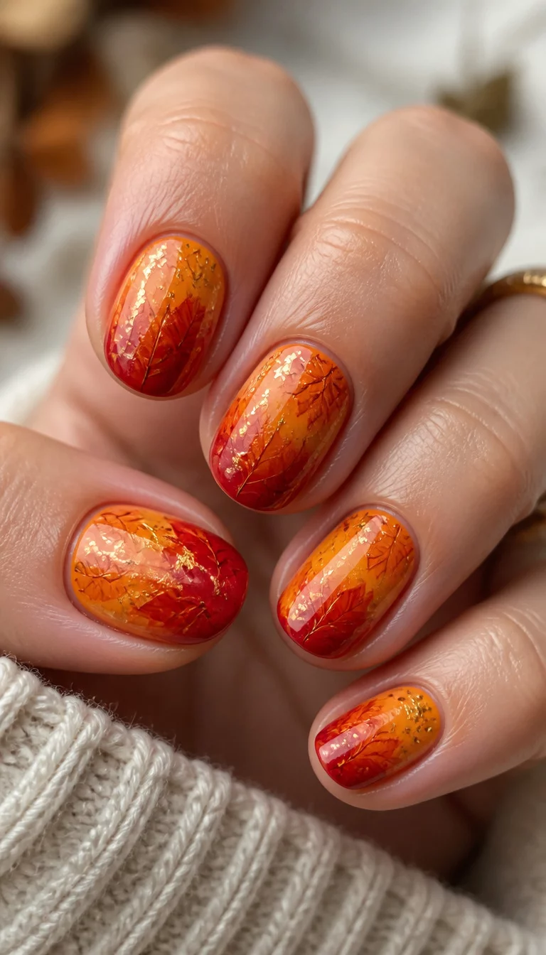 close-up shot of a woman’s hand with five fingers showing short oval nails with an orange and red leaf gradient design accented with gold flakes