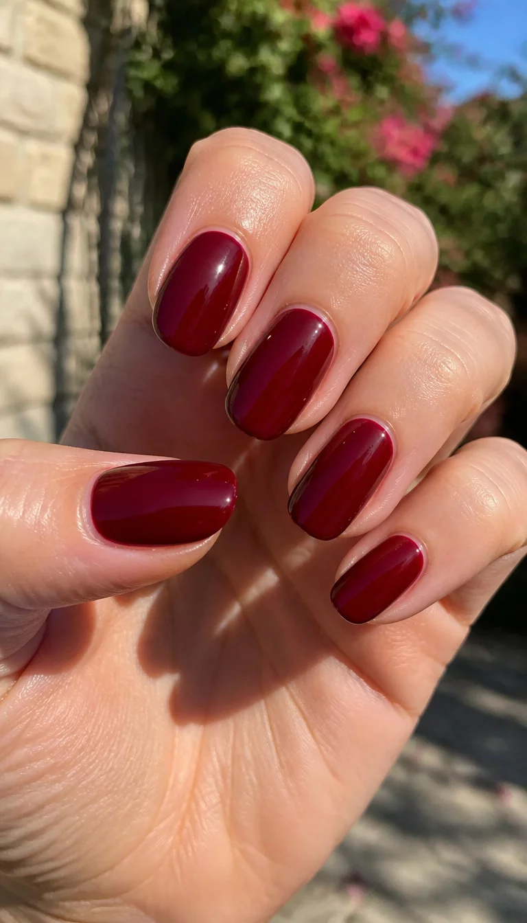 close-up shot of a woman’s hand with five fingers showing oval-shaped nails in a rich dark red glossy finish, outdoor sunlight background