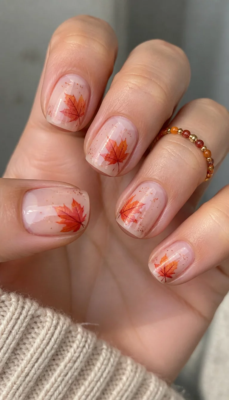 close-up shot of a woman’s hand with five fingers showing short square nails with a sheer base and realistic orange maple leaf designs, beaded ring on one finger