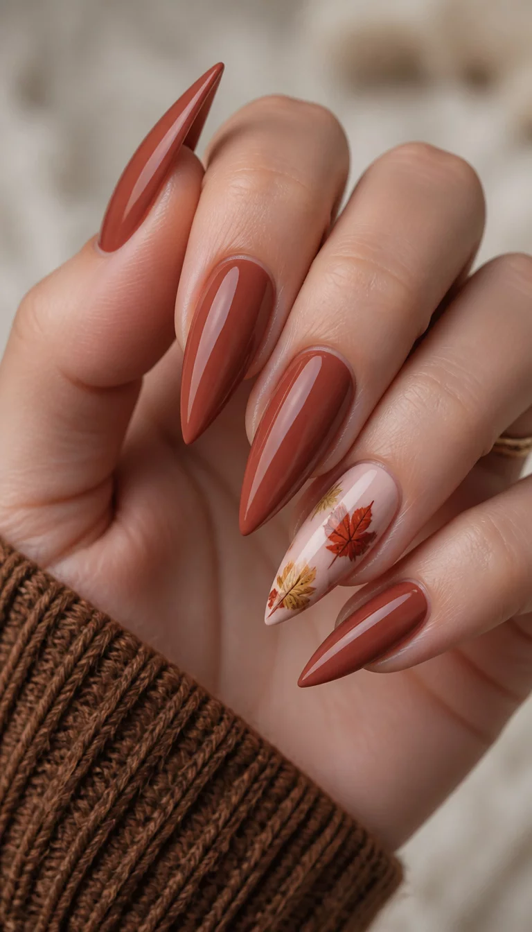 close-up shot of a woman’s hand with five fingers showing stiletto-shaped nails in a muted rust color with one accent nail featuring fall leaf designs on a pale pink base