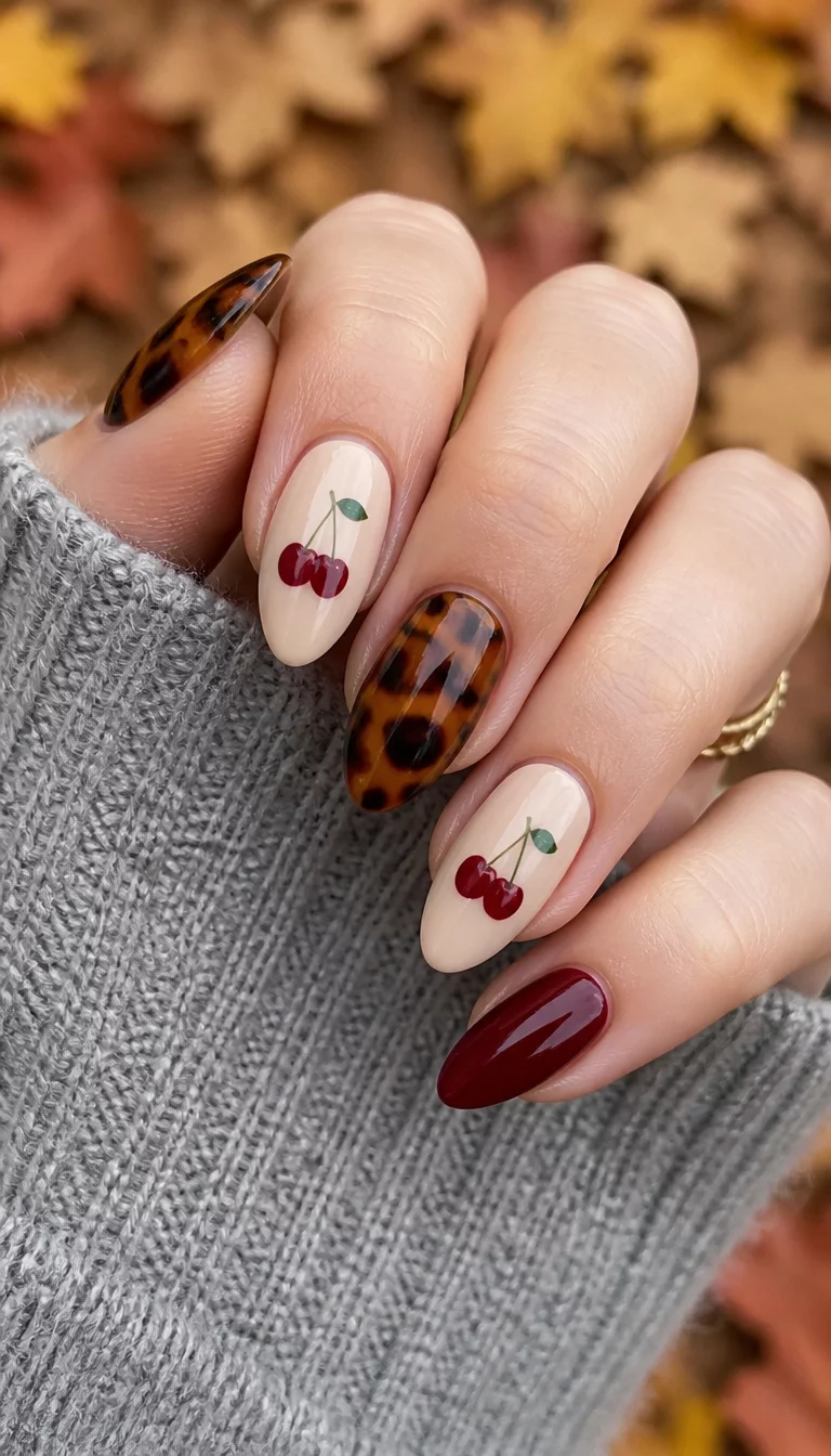 close-up shot of a woman’s hand with five fingers showing almond-shaped nails with tortoise shell and cherry designs, grey sweater, blurred fall leaf background