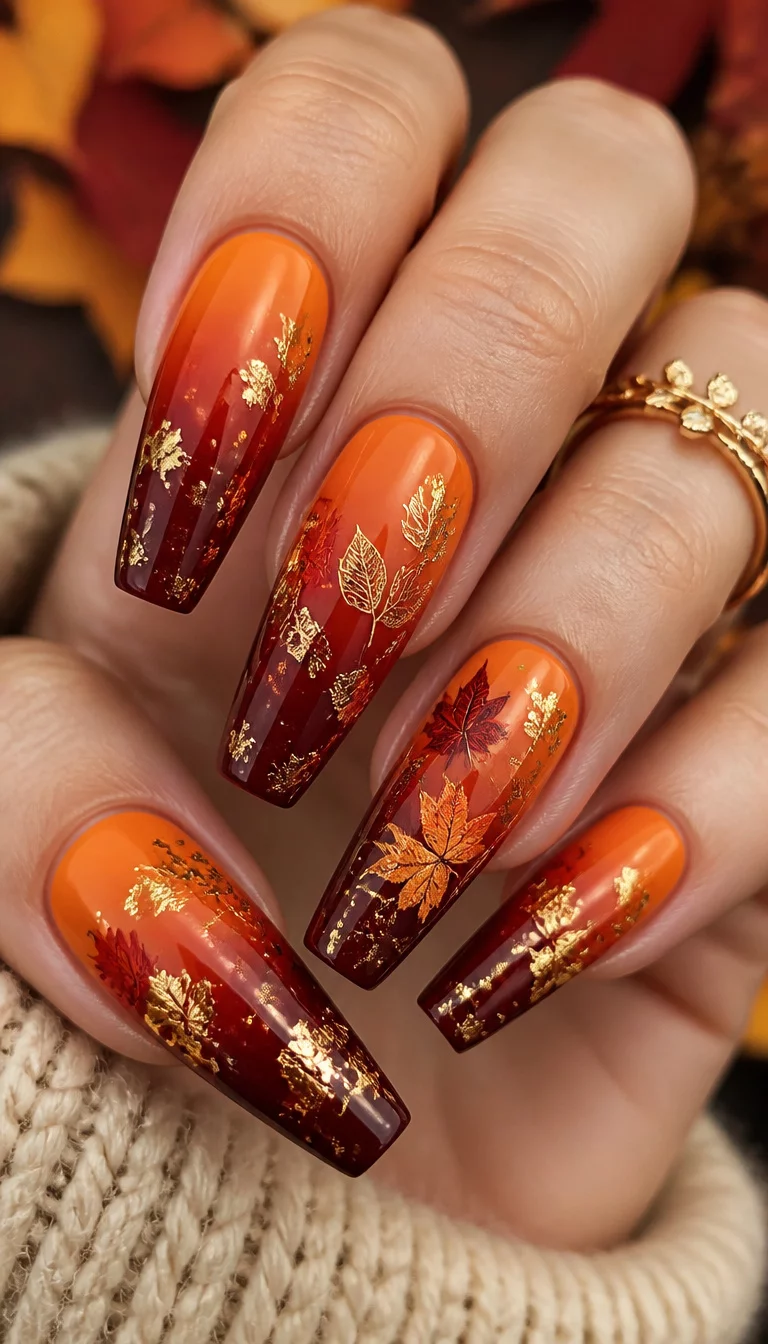close-up shot of a woman’s hand with five fingers showing coffin-shaped nails with an ombre effect from orange to burgundy adorned with gold leaf details and fall leaves