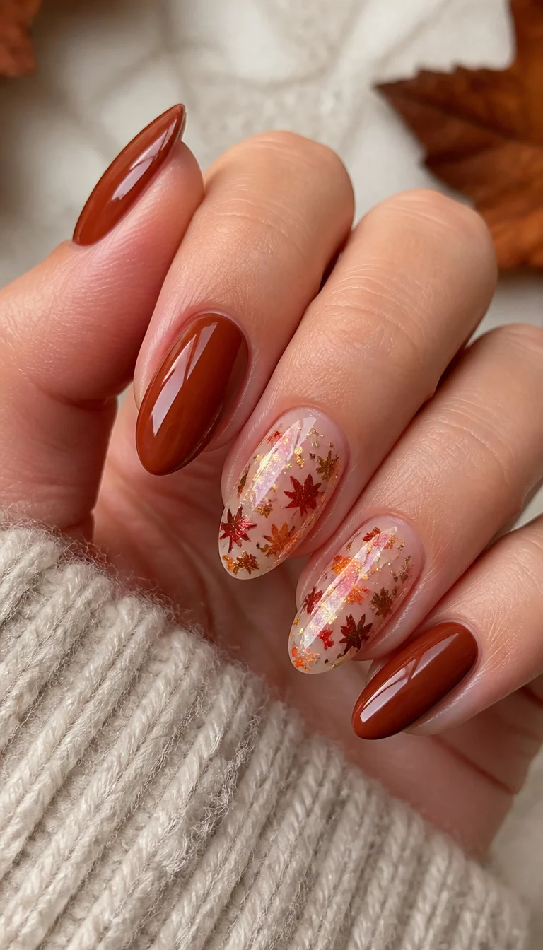 close-up shot of a woman’s hand with five fingers showing almond-shaped nails with a reddish-brown polish and clear accent nails with fall leaf confetti