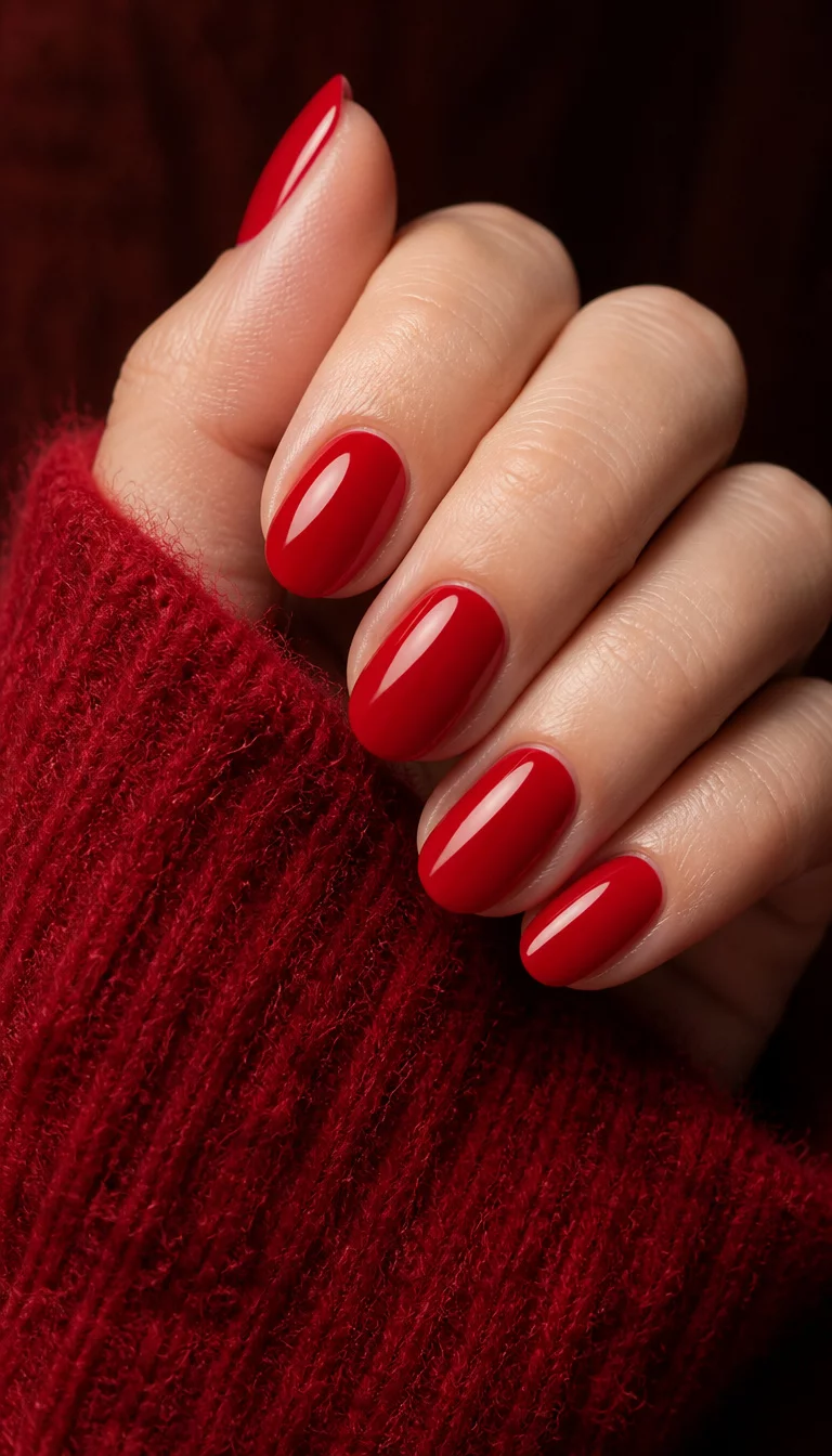 close-up shot of a woman’s hand with five fingers showing oval-shaped nails in a vibrant glossy red, hand wrapped in a red fuzzy sweater