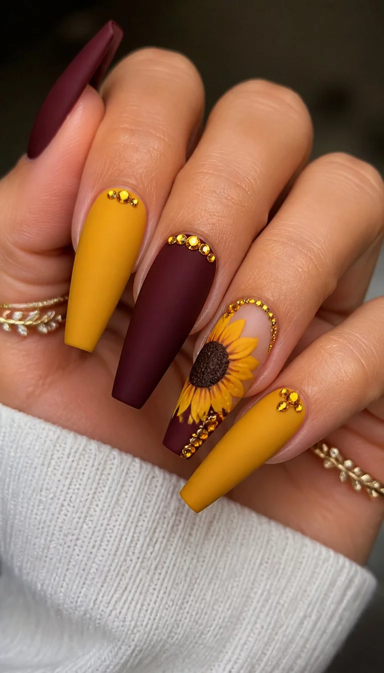 close-up shot of a woman’s hand with five fingers showing long matte coffin nails in burgundy and mustard yellow with sunflower art and rhinestones, gold rings present