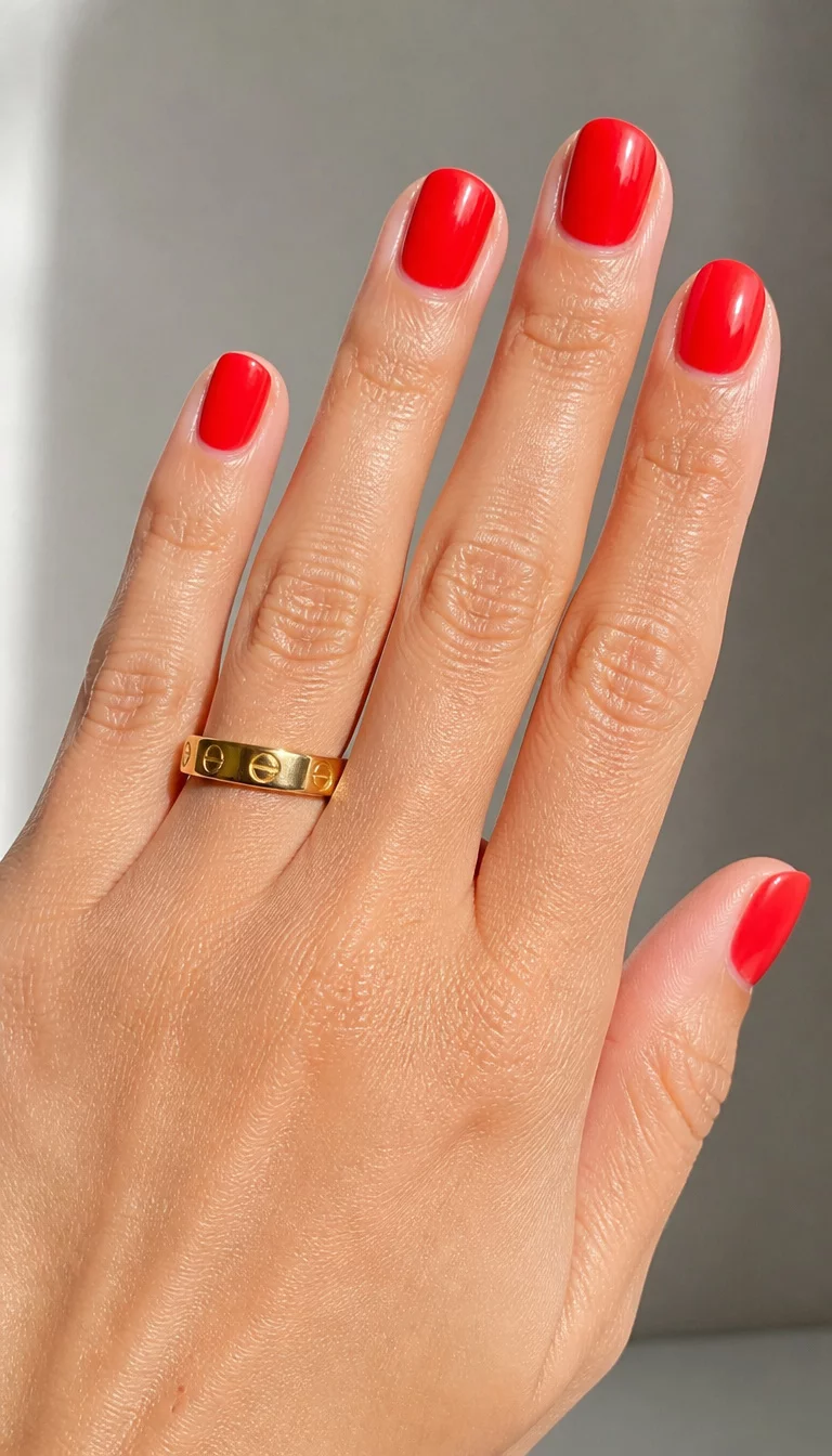 close-up shot of a woman’s hand with five fingers showing short rounded nails in a bright glossy red, gold ring with three screws on the ring finger