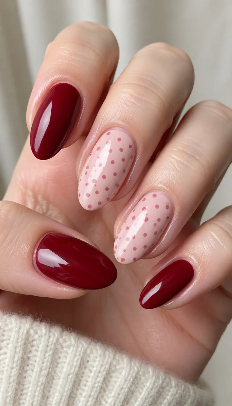 close-up shot of a woman’s hand with five fingers showing almond-shaped nails featuring a dark red polish and a blush pink polish with small pink polka dots
