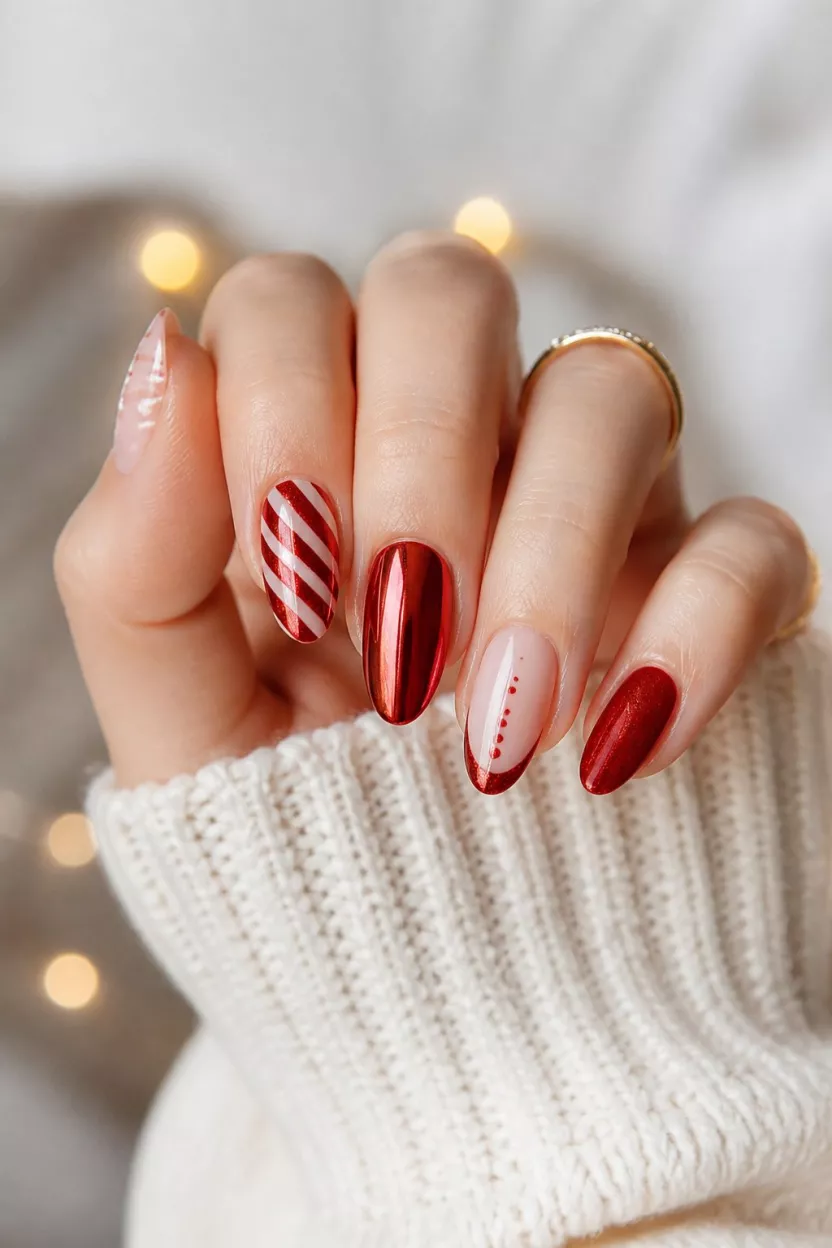 close-up shot of a woman’s hand with five fingers showing nails with various red designs including stripes, metallic almond, and red French tips with dots.