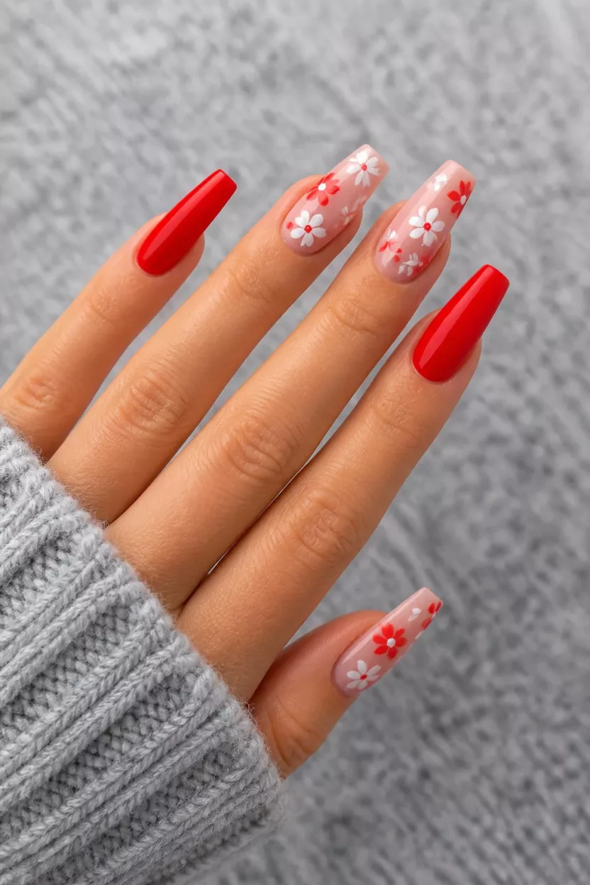 close-up shot of a woman’s hand with five fingers showing nails with coffin-shaped nails featuring alternating solid bright red and a sheer base with white and red floral designs, light grey knit texture background.