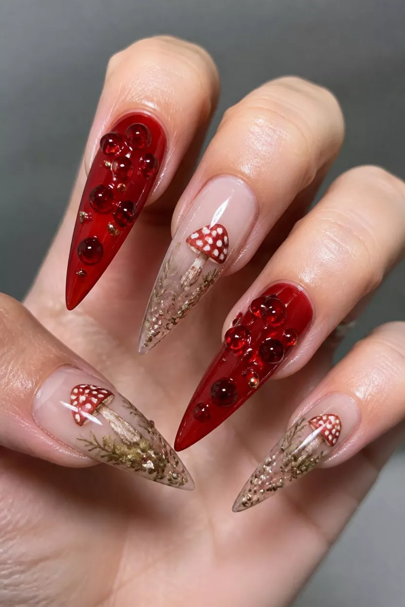 close-up shot of a woman’s hand with five fingers showing nails with long stiletto nails coated in red jelly with 3D red bead embellishments, other nails sheer with mushroom art.