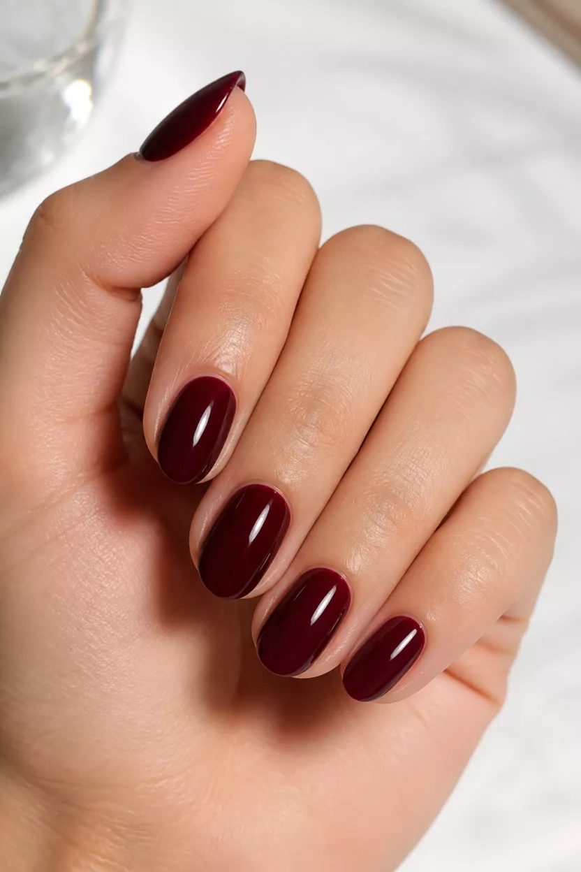 close-up shot of a woman’s hand with five fingers showing nails with oval-shaped nails painted a deep glossy burgundy, high shine against a light softly focused background.