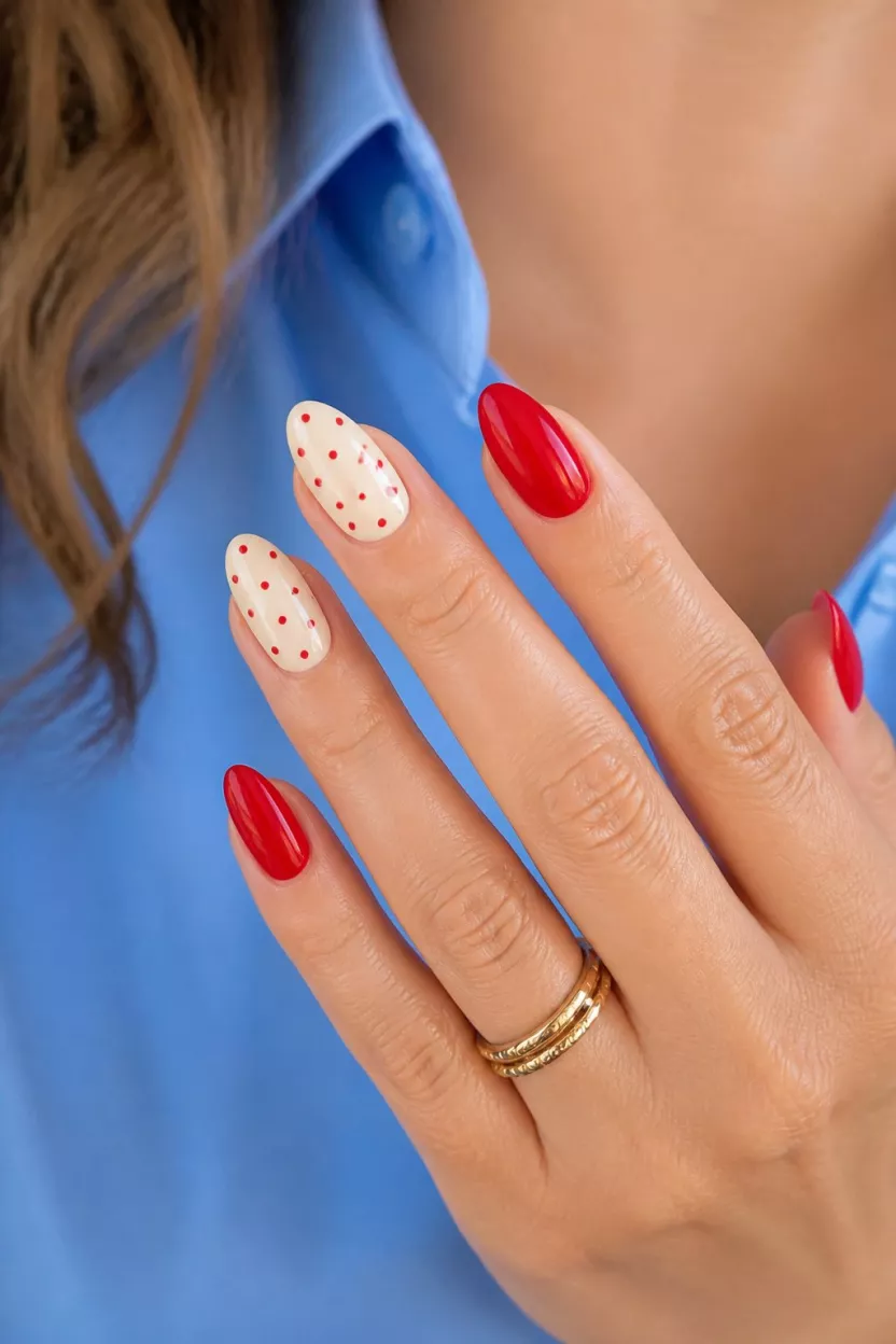 close-up shot of a woman’s hand with five fingers showing nails with almond-shaped nails with alternating cream with small red polka dots and solid bright red, held against a woman in a blue shirt.
