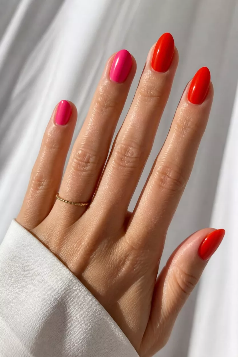 close-up shot of a woman’s hand with five fingers showing nails with a mix of short rounded hot pink nails and long almond reddish-orange nails.