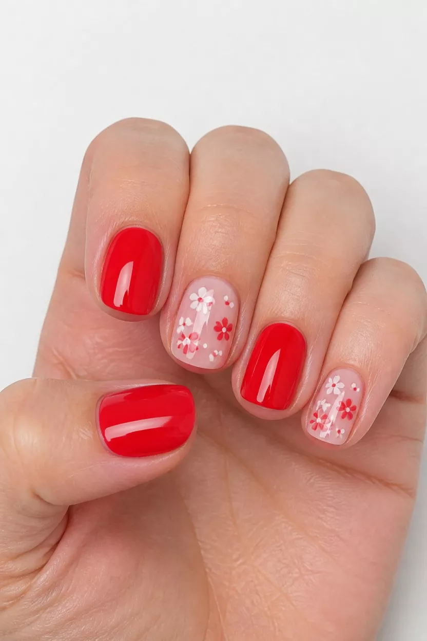 close-up shot of a woman’s hand with five fingers showing nails with short rounded nails featuring alternating solid bright red with sheer pink nails decorated with small white and red floral patterns, white surface background.