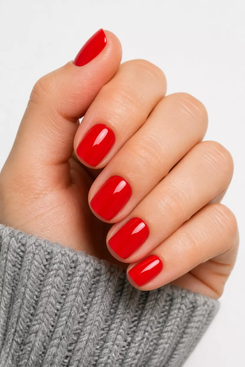 close-up shot of a woman’s hand with five fingers showing nails with short squoval-shaped nails in a uniform glossy classic bright red, white background and grey knitwear cuffs.