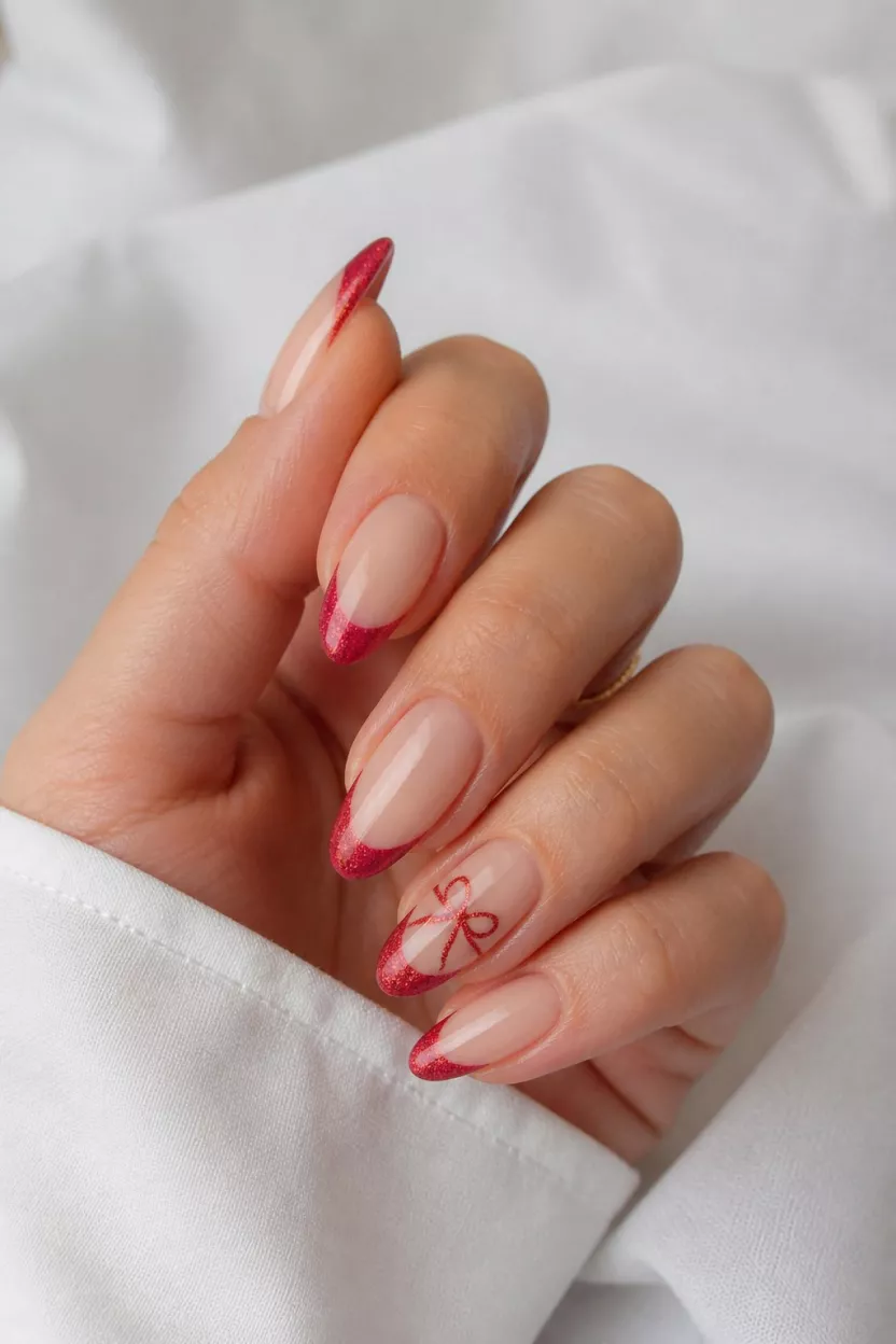 close-up shot of a woman’s hand with five fingers showing nails with almond nails with a sheer base and red shimmer French tips, one nail with a delicate red bow, white fabric background.