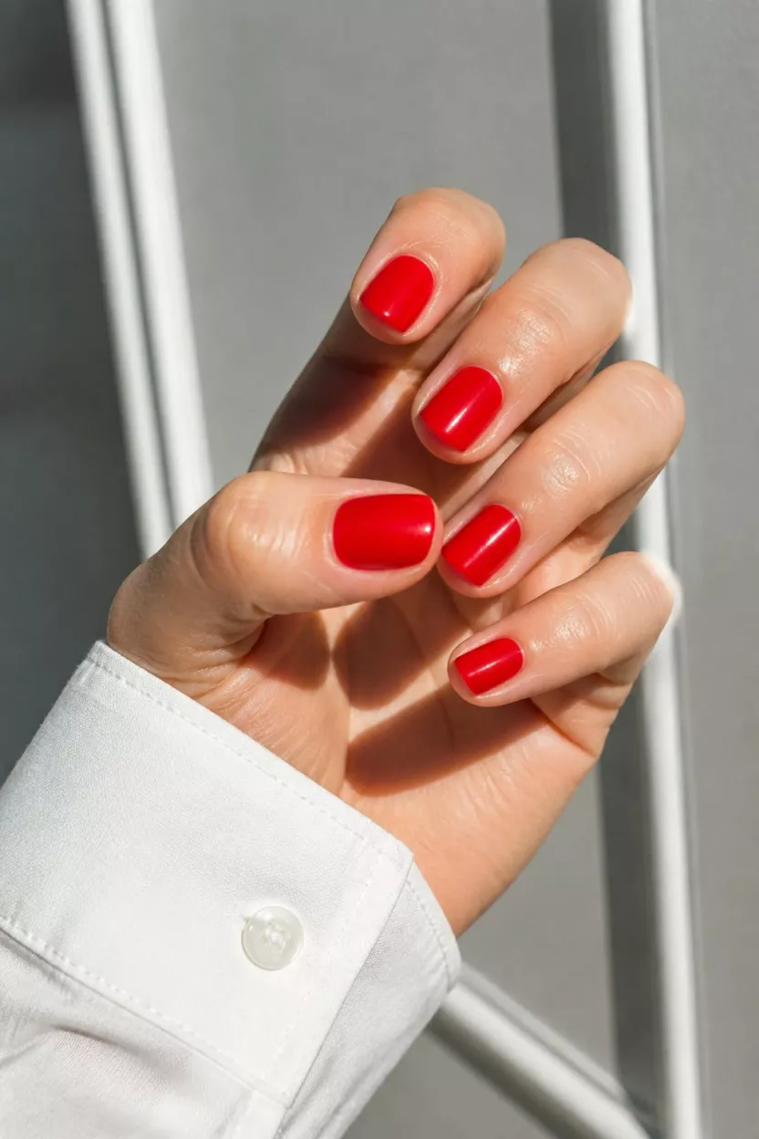 close-up shot of a woman’s hand with five fingers showing nails with short bright red nails under bright sunlight beside a white cuff.