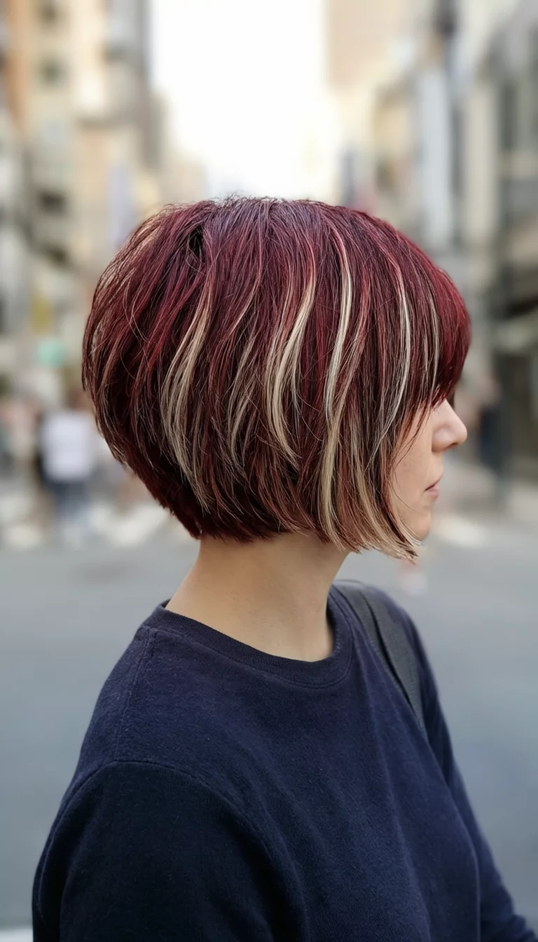 casual photo of a 30-year-old woman wearing a dark top with a dark reddish-brown and light streaked short choppy bob hairstyle, side view, blurred urban background